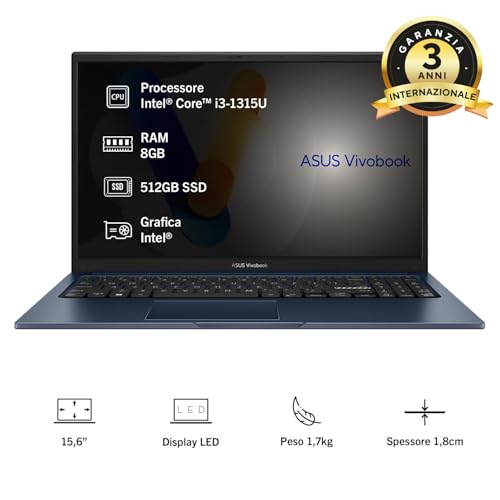Vivobook 15 F1504VA#B0F2HV6KK9, Notebook con Monitor da 15.6" Anti-glare, 60Hz, Intel® Core™ i3-1315U, RAM 8GB, 512GB SSD, Windows 11 Home, Blu - Notebook - Immagine 1