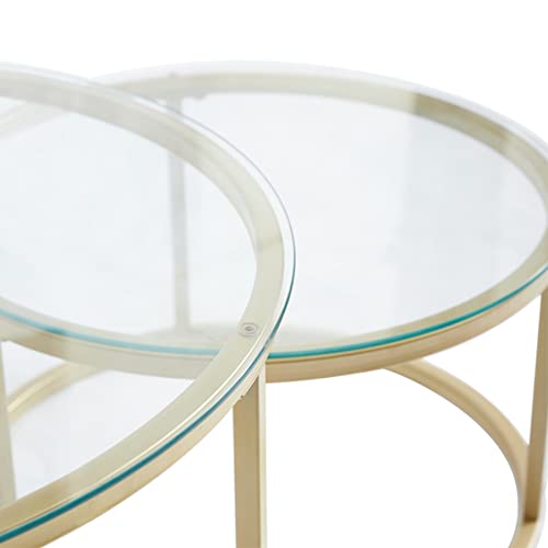 DEYARNA HOME Juego de 2 Mesas Nido de Café Doradas, Mesas Nido de Cristal para Salón, Dormitorio, Mesa Auxiliar Moderna con Cristal Templado Transparente (Vidrio/Oro, 80cm+60cm) - imagen 5