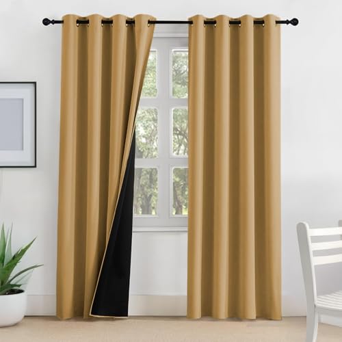 Image of LINENWALAS Long Door Curtains 9 Feet Set of 2 - Thermal Insulation 100% True Blackout Curtains, Black Backing & Fade Resistant Drapes for Living Room, Bedroom (Golden Beige)