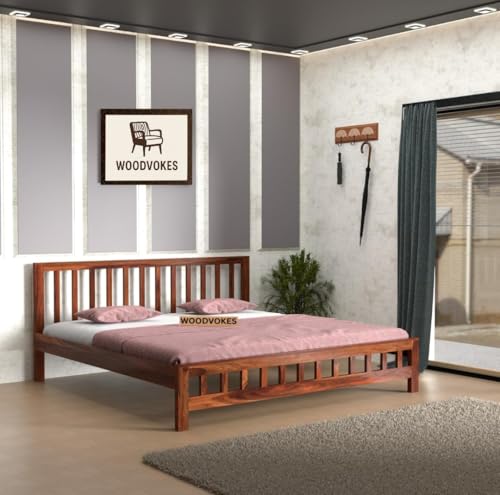 Image of Sheesham Wood Bed Without Storage Solid Wooden Cot Double Bed for Bedroom Living Room Home (Natural, Queen (U.K. Standard))