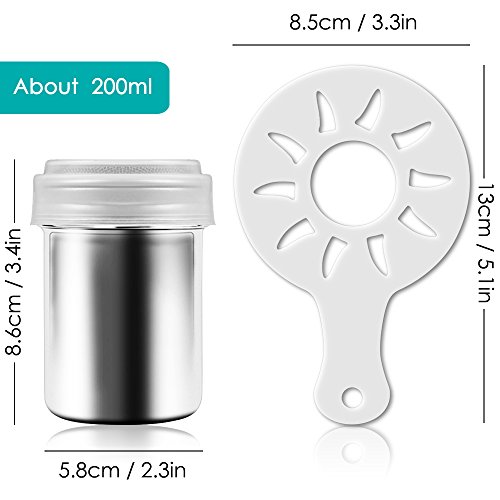 2 Stainless Steel Powder Shakers, SENHAI Mesh Shaker Powder Cans for Coffee Cocoa Cinnamon Powder with Lid, with 16 pcs Printing Molds Stencils