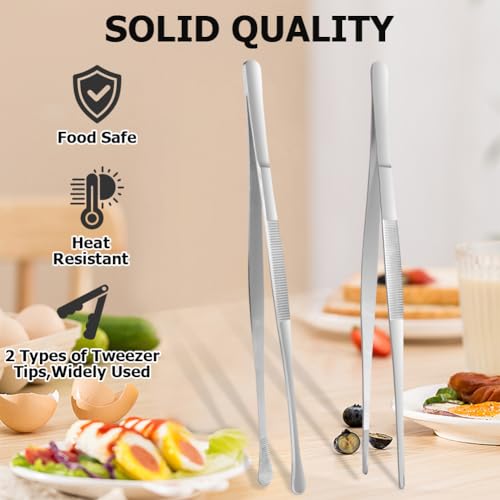 HOTUT Cooking Tweezers Tongs Precision Serrated Tips,2pcs 30cm Kitchen Cooking Tweezers Culinary,Stainless Steel Long Tweezer Tongs,Straight Tweezers Kitchen Tool for BBQ,Plating and Serving (Silver) - Image 4