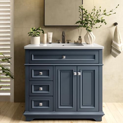 Alphabath 36 Inch Bathroom Vanity with Sink Solid Wood Bathroom Cabinet with Nano Clean Integrated Sink Soft Closing 2 Doors & 2 Drawers Easy Assembly Charcoal Blue