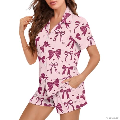 Image of Renewold Button Down Womens Pajama Set Short Sleeve Loungewear Bow Nightwear Sleepwear Night Suit Tops Shorts 2 Pieces