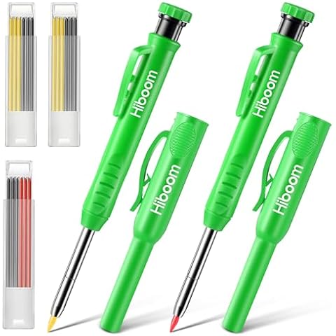 Hiboom 2 Pack Solid Carpenter Pencils with Pencil Cap and 18 Refills, Long Nose Deep Hole Mechanical Pencil Marker, Scribe Tool with Built-in Sharpener for Construction Woodworking Architect (Green) Cover