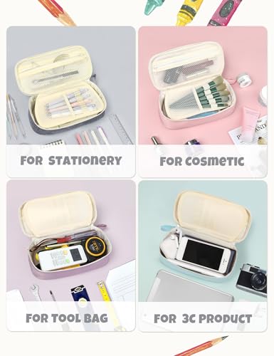 Image of SUNEE Cute Pencil Case, Aesthetic Pen Pouch, Colored Large Pencil Bag with Zipper, Kawaii Stationery Storage and Organizer, School Supplies for Teen and Adult Girls, Gray