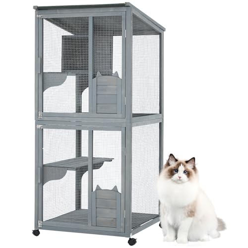 4 Tier Cat Enclosure, 69 Inch Large Catio with Wooden Cabin, Weatherproof Roof, Lockable Caster, Solid Steel, Spacious for Multi-Cat Families, Outdoor
