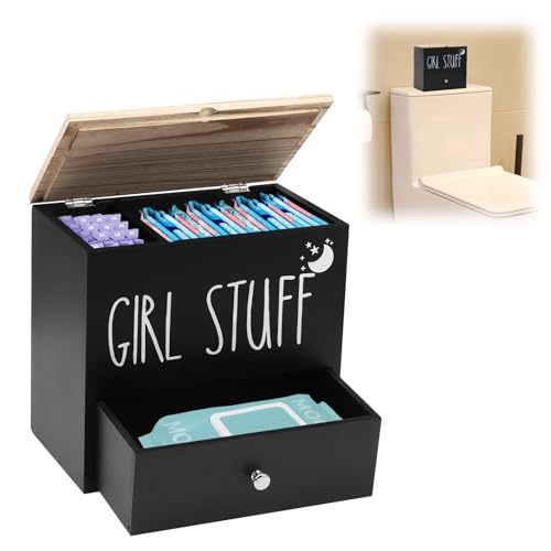 TOWEBOORY Binden Aufbewahrung Badezimmer, Tamponhalter für Badezimmer Tampon Aufbewahrung Bad mit Schublade und Deckel Holz Aufbewahrungsbox Hygieneartikel für Mädchen, Frauen, Damen (Schwarz)