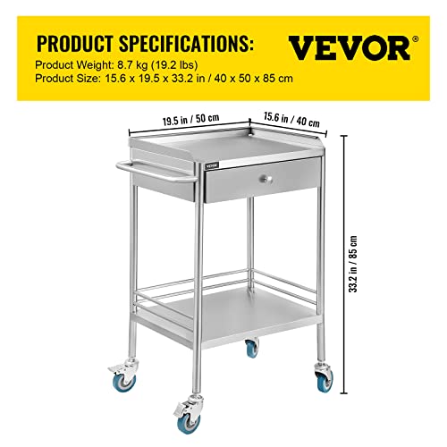 Vevor Shelf Stainless Steel Utility Cart Catering Cart With Wheels Medical Dental Lab Cart Rolling Cart Commercial Wheel Dolly Restaurant Dinging Utility Services (2 Shelves/ 1 Drawer) #TOP6