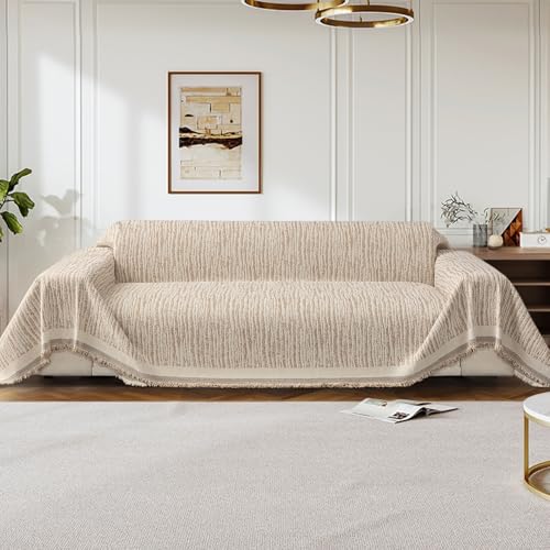 LiveGo Chenille Sofa Cover for 3 Seater, Soft Non-Slip Slipcover with Tassel, All-Season Washable Couch Protector for Dogs, Decorative Futon & L Shaped Sofa Cover (Beige, 180×340 cm)