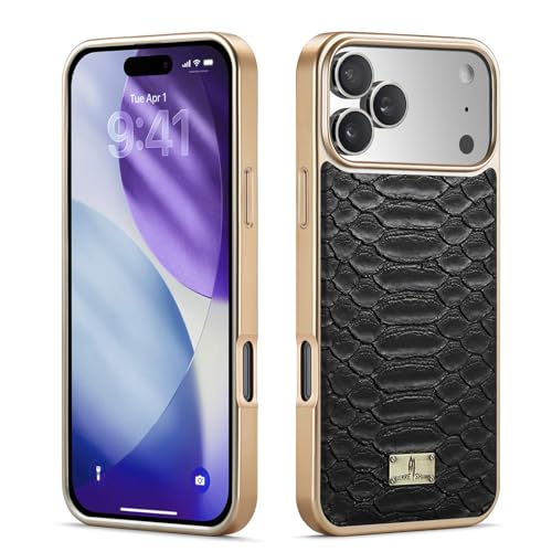 Étui en cuir véritable iPhone 17 Pro Max noir élégant avec coque rigide galvanisée