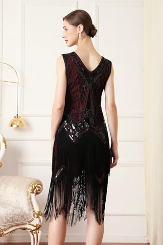 Image of Women Flapper Dresses 1920s V Neck Beaded Fringed Great Gatsby Club & Night Out Dresses