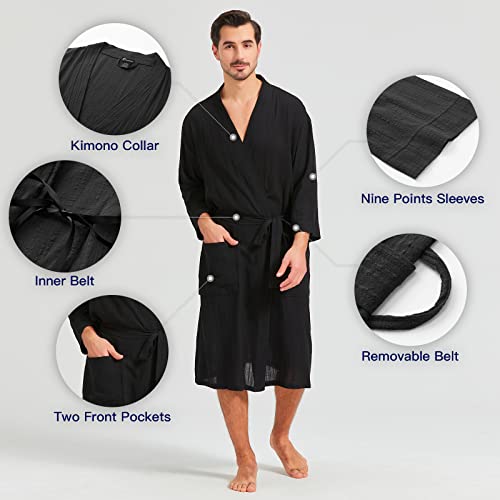 FashGudim Mens 100% Cotton Robe Lightweight Summer Bathrobe Soft Weave Kimono Bath Robe3