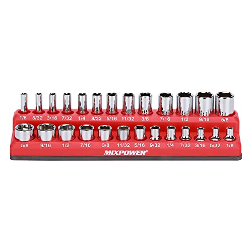 Mixpower 1/4" Sae Magnetic Socket Organizer, Holds 13 Piece Shallow Socket And 13 Piece Deep Sockets, Total 26 Slot, Red, Sae, Magnetic, Heavey Duty #TOP6