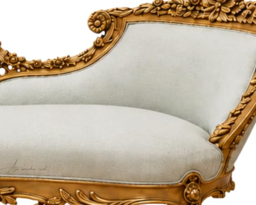 Image of Victorian Style Chaise Lounge, Tufted Cream Upholstery, Mahogany Wood Frame, Classic Living Room Furniture (Antique Gold & Light Blue)