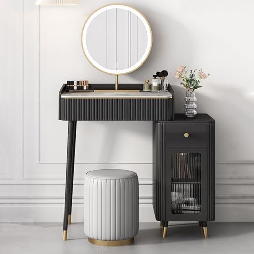 WDSOPK Tocador De Maquillaje con 2 Cajones Deslizantes Y Silla - Tocador Moderno Y Glamoroso para Niñas Y Mujeres - Espejo con Atenuación De Pantalla Táctil De 3 Colores FR
