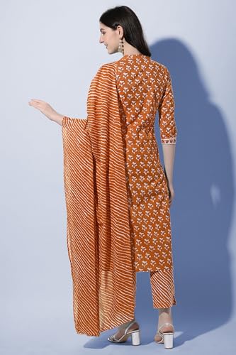 Image of MIRCHI FASHION Pure Cotton Women Straight Printed Embroidery Work Kurti Set with Dupatta and Pant