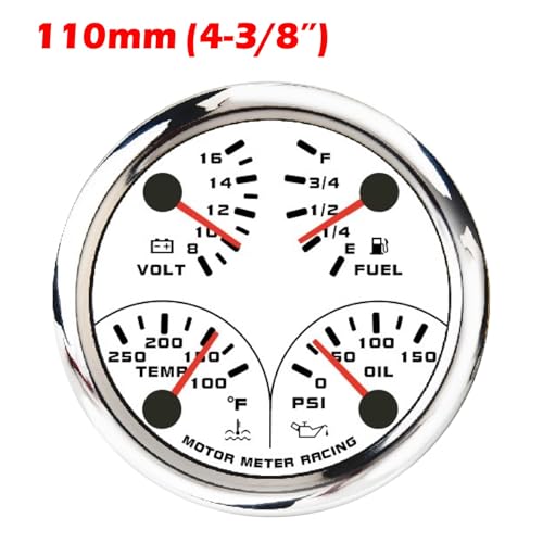 MOTOR METER RACING W PRO Series 3 Gauge Set 110mm 4-3/8\" GPS Speedometer, Tachometer & 4 in 1 Multi-Function Volt, Fuel Level, Water Temperature & Oil Pressure White Dial Red LED for Car, Boat
