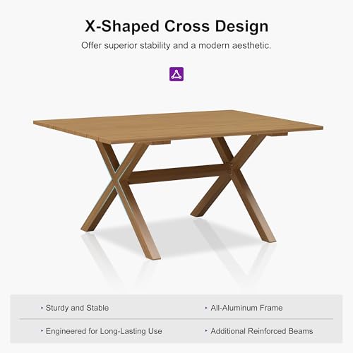 Image of PURPLE LEAF 14 Pieces Patio Dining Set Wicker Outdoor Furniture Rectangular Table and Chairs Set for Garden Deck Teak-Finish & Grey Aluminum Frame Backyard Kitchen Set, Cushions and Pillows Included