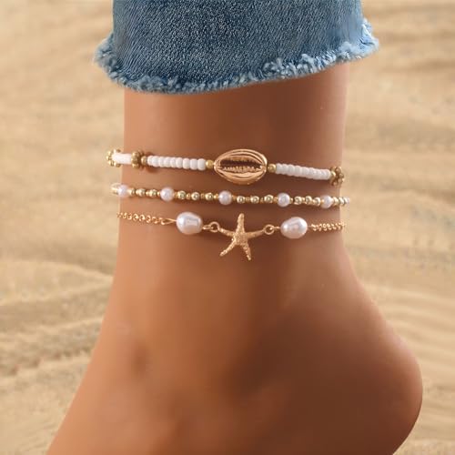 Image of Shell Bracelet,Gold Plated Starfish Ankle Bracelets for Women Waterproof Stack Beaded Anklet Boho Hawaiian Vacation Beach Jewelry Gifts
