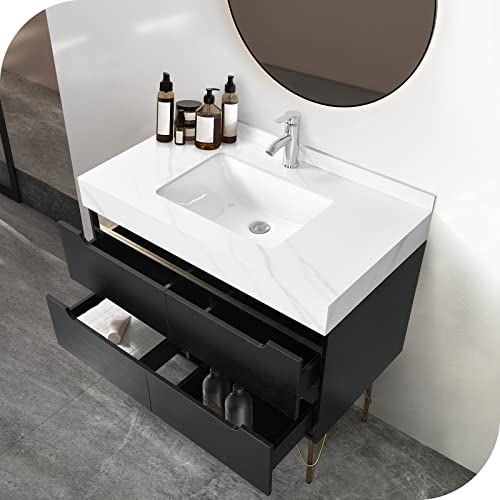 Hernest Bathroom Vanity With Sink 36 Inch Freestanding Bathroom Cabinet Storage Vanity With Rock Panel Tabletop, Glossy Ceramic Basin Sink And 4 Drawers For Washroom #TOP3
