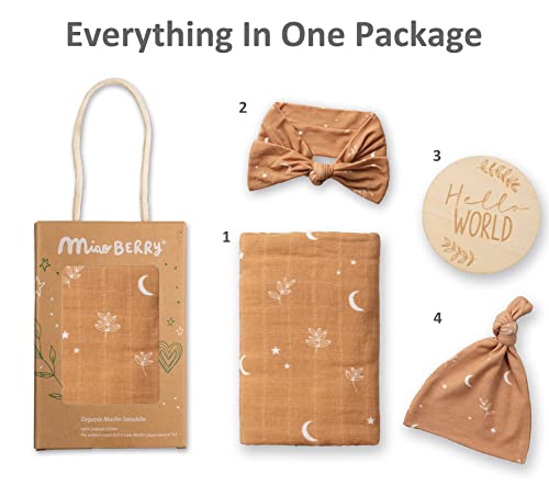 Miaoberry 100% Organic Cotton Baby Muslin Swaddle Blanket Set| Burnt Orange Boho Moon| Gender Neutral For Boys Girls|Moon Leaf| Hospital Newborn Receiving Blanket |Newborn Unisex #TOP3