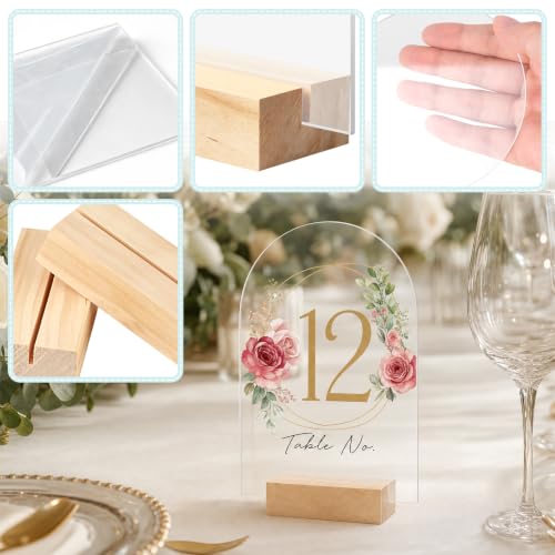 Image of Bercoor 20 Pack 5x7 Inch Blank Clear Arch Acrylic Sign with Wooden Stands, Arched Round Top Acrylic Sheet, DIY Acrylic Arch Table Numbers for DIY Name Card Gifts Event Party Sign Decoration