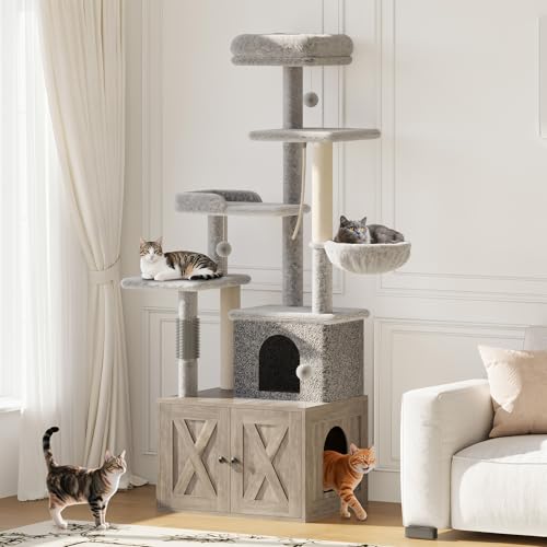 Árbol para gatos 2-en-1 con caja de arena oculta gris miniatura 7