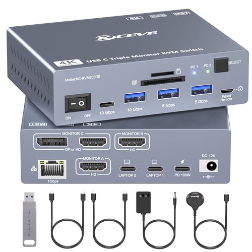 Image of Thunderbolt 4 KVM Switch 3 Monitors 2 Laptops USB C 4K@60Hz,USB C KVM Switch Displaylink Docking Station for Windows Mac M1-M5, Extended Triple Displays,PD 100W,USB 3.0,USB 3.2,SD /TF,1G Ethernet