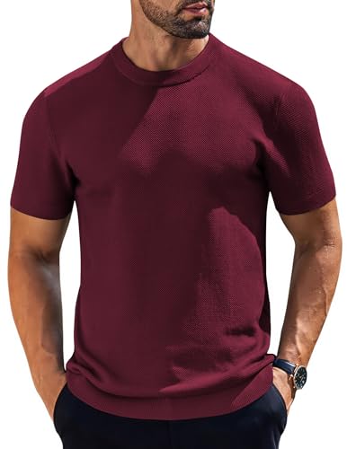La mejor comparación de Prendas de punto para Hombre al mejor precio. 48 COOFANDY Hombres Casual Camisetas De Punto De Manga Corta Cuello Redondo Camisa Clásica Moda Pullover Camisa, Vino Rojo