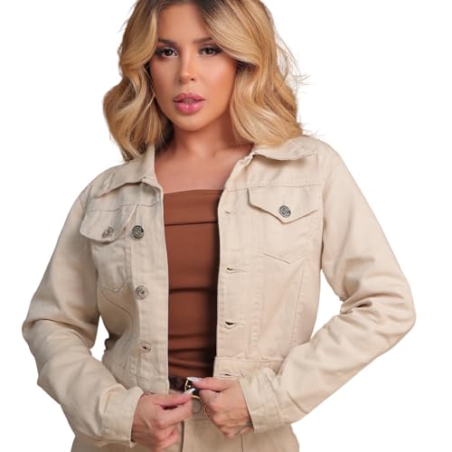 Jaqueta Feminina em Jeans com Botões de Ferro Versátil e Estilosa (BR, Alfa, P, Regular, Regular, Bege Claro)