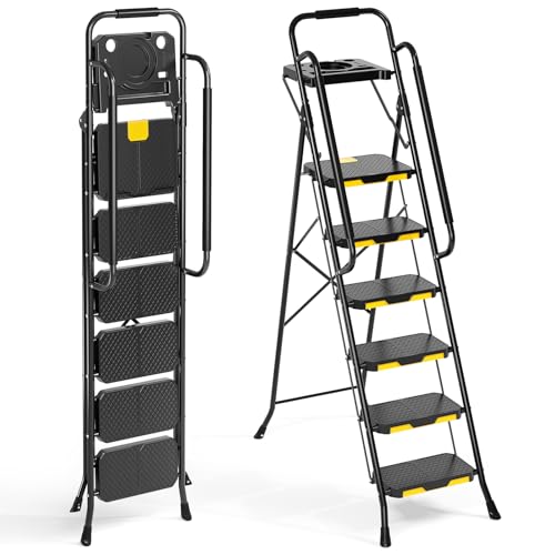 Urackify 6 Step Ladder with Tool Platform, Folding Step Stool with Handrails, Sturdy Steel Ladder with Wide Pedal, 800 LBS Portable Safety Ladder for Painting Home Outdoor Garage