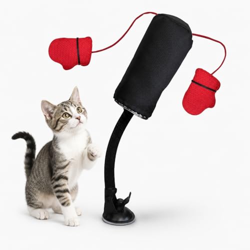 Cat Interactive Wobble Punching Bag Toy 13.78 Inch Teaser Toy with Dangling Boxing Gloves and ABS Base for Indoor Play