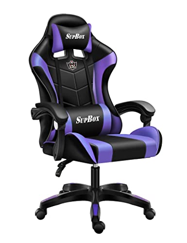 ゲーミングチェア オフィスチェア デスクチェア ゲーム用チェア パソコンチェア 135°リクライニング 高さ10cm調整可能 ハイバック ランバーサポート/ヘッドレスト付き (Purple, オットマン無し)