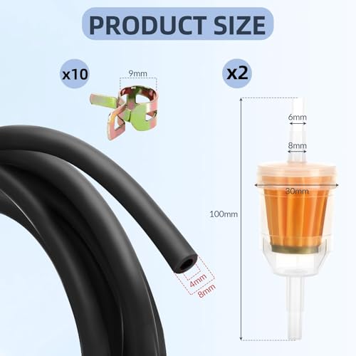 Lociban 2 Meter Benzinschlauch Kit, Kraftstoffleitung Set Ø 4 mm mit 2 Stück Benzinfilter und 10 Benzinschlauch Schellen, Kraftstoffschlauch Ölschlauch für Auto, Motorrad, Roller