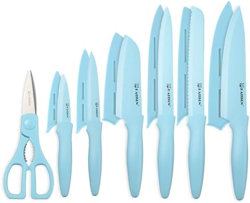 Kitchen Knife Set with Guards, 13 Piece Blue Non-Stick Stainless Steel Boxed Knives Set, Anti-Rust and Dishwasher Safe, 6 Knives with 6 Blade Covers and Kitchen Shears