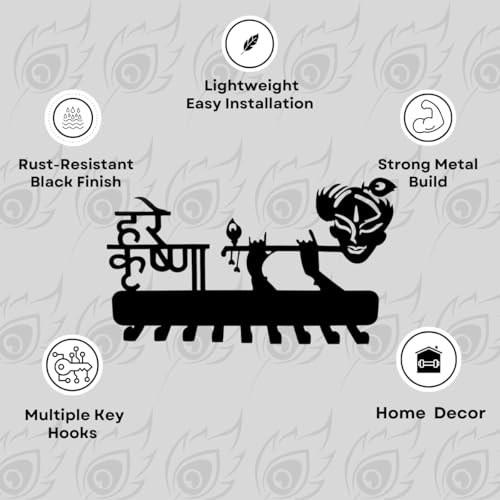 Image of Metal Lord Krishna with Flute Key Holder | Decorative Wall-Mounted Key Rack & Organizer for Entryway, Hallway, Kitchen | Sturdy Hanger for Keys & Accessories (26x16 cm, 9 Hooks)