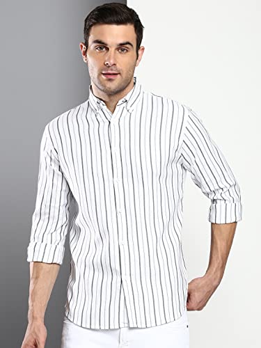 Image of Dennis Lingo Men's Striped Slim Fit Oxford Cotton Casual Shirt with Button Down Collar & Full Sleeves