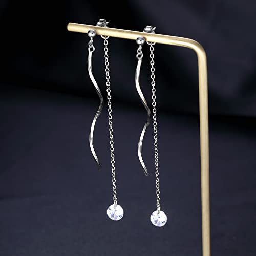 SLUYNZ 925 Sterling Silver CZ Droplet Dangle Earrings Chain for Women Teens Wedding Bridal Dangle Earrings Curved Tassel4