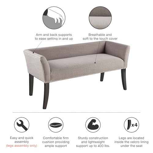 Image of Madison Park Accent Bench, Upholstered with Nailhead Trim, & Padded Seat Entryway Bench Small, End of Bed Bench with Back, 49.5 inch W x 19.25 inch D x 23 inch H, Grey
