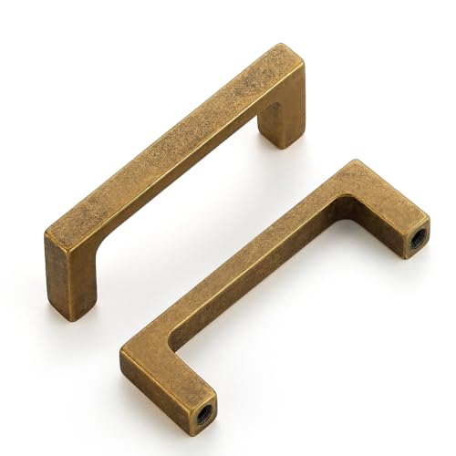Image of Ravinte Antique Brass Kitchen Cabinet Solid Handles,3 Inch,5 Pack | Solid Zinc Alloy, Modern Slim Style, Square Design, Deep-Thread Firm Base, Screws Included, for Kitchen Drawers & Cupboards