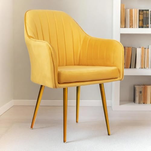 Image of Velvet Accent Chair | Luxury Upholstered Armchair with Sturdy Metal Legs | Modern Comfortable Chair for Living Room, Bedroom, Office, or Cafe (Golden Legs, Yellow)