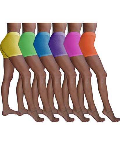 Sexy Basics Women's 6 Pack Cotton Stretch Light Weight Boyshort Boxer Brief Undershorts (6 Pack- Neon-Green/Orange/Red/Pink/Purple/Yellow, Xx-Large) #TOP13