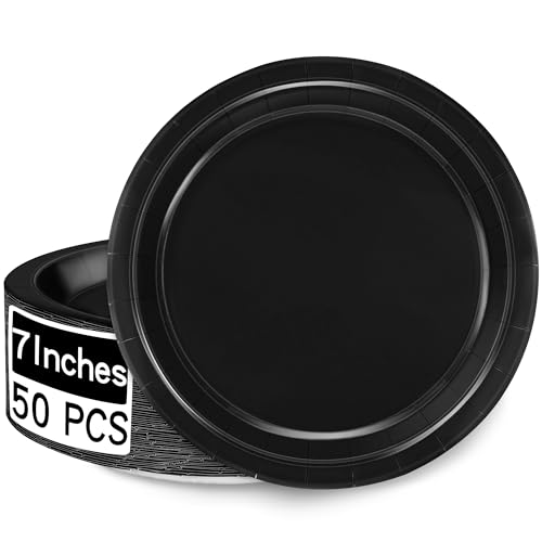 QZYL 50 Count Black 7 Inch Round Paper Plates Heavy Duty Disposable Dinnerware for Parties Weddings BBQs Birthdays Picnics