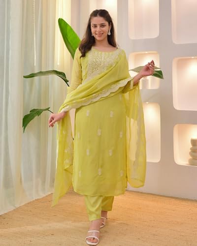 Image of LookMark Women's Chanderi Chikankari Kurta Set with Dupatta Kurti with Pants Ethnic Traditional Outfit