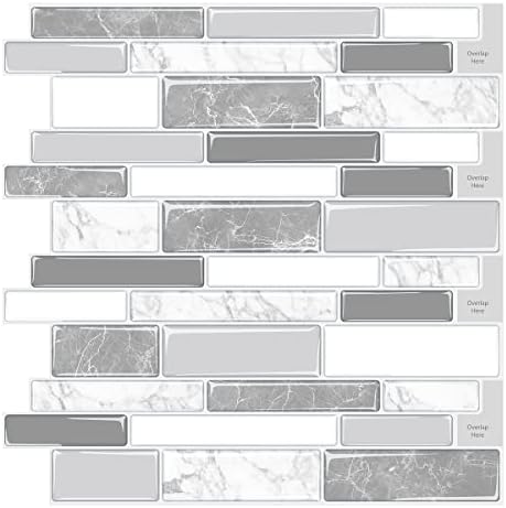 WalDecoo Marble Peel and Stick Backsplash for Kitchen, Grey 3D Self-Adhesive Kitchen Backsplash, Premium Decorative Tiles Stick on Backsplash (10-Sheet, 12"×12")