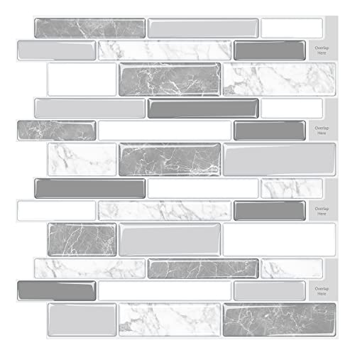 Waldecoo Marble Peel And Stick Backsplash For Kitchen, Grey 3D Self-Adhesive Kitchen Backsplash, Premium Decorative Tiles Stick On Backsplash (10-Sheet, 12"×12") #TOP23