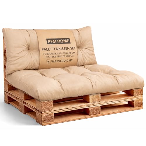 PFM HOME Cojín para palet al aire libre Impermeable para sofá de palet Muebles de palet Europalets - Cojín de jardín - 1 x Cojín de respaldo 120 x 40 cm + 1 x Cojín de asiento 120 x 80 cm - Beige