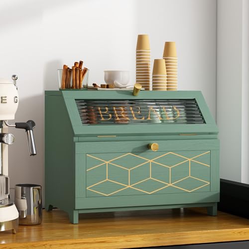 MROJISC Green Bread Bin, Wooden Bread Bin Double Layer with Transparent Window, Large Breadbox Bread Bins for Kitchen Countertop Food Storage