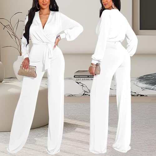 Image of shengfan Formal Jumpsuits for Women Dressy Evening Sexy Deep V Neck Plus Size Long Wide Leg Pants Rompers Clubwear